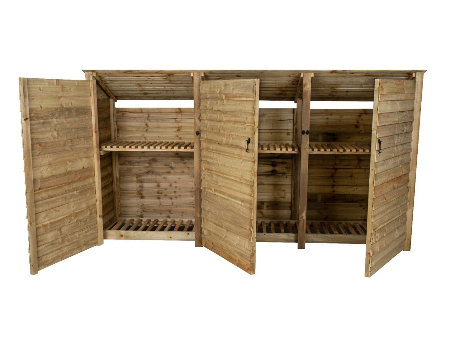 Wooden Log Store (Roof Sloping Back) with Doors and Shelf W-335cm, H-126cm or 180cm, D-88cm