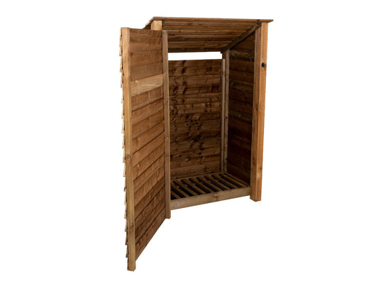 Wooden Log Store (Roof Sloping Back) with Door W-119cm, H-126cm or 180cm, D-88cm - Brown Finish