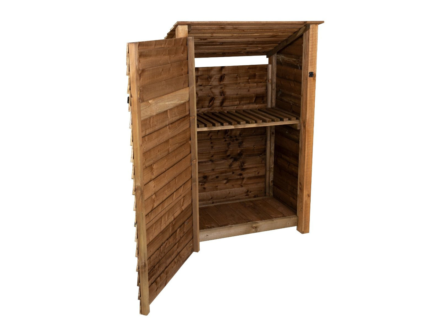 Wooden Garden Tool Storage with Shelf (Roof Sloping Back) W-119cm, H-126cm or 180cm, D-88cm - Brown Finish