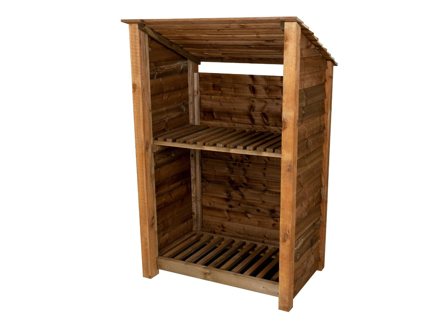 Wooden Log Store (Roof Sloping Back) with Shelf W-119cm, H-126cm or 180cm, D-88cm - Brown Finish