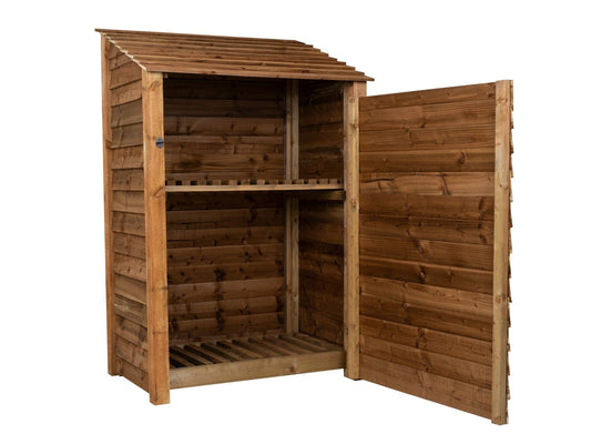 Wooden Log Store with Door and Shelf W-119cm, H-126cm or 180cm, D-88cm - Brown Finish