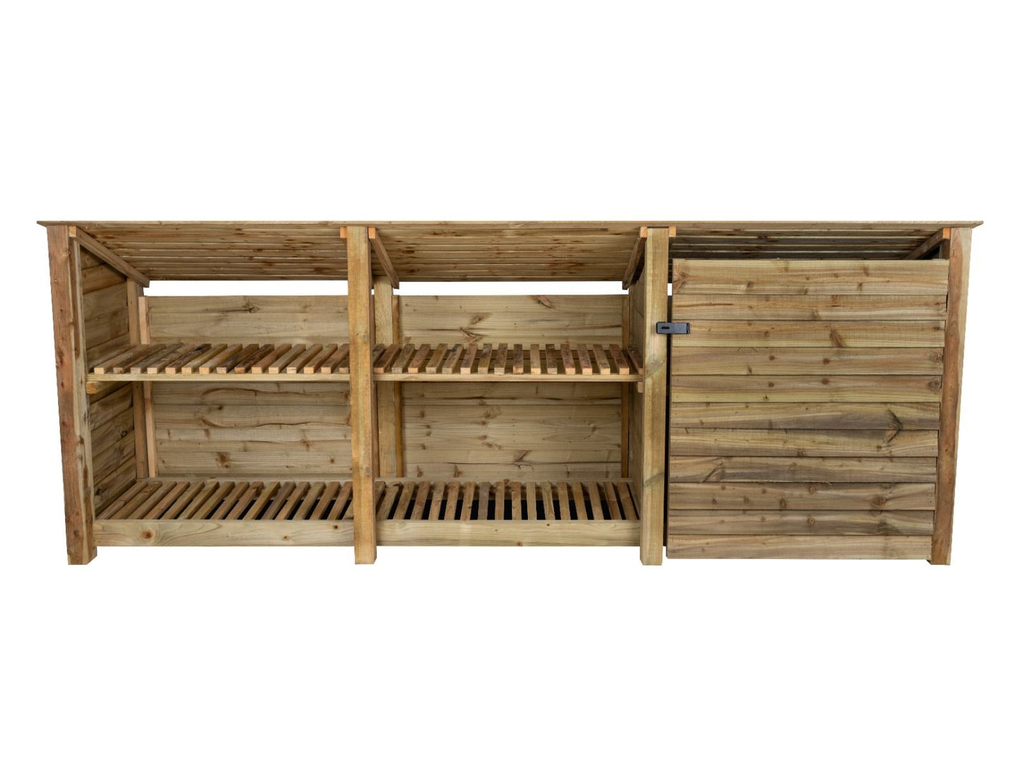 Wooden Garden Tool Storage (Roof Sloping Back) with Shelf W-335cm, H-126cm or 180cm, D-88cm