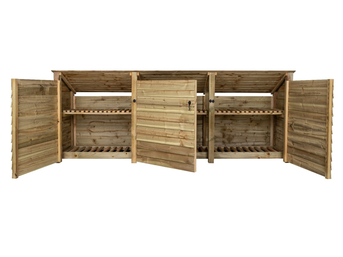 Wooden Log Store (Roof Sloping Back) with Doors and Shelf W-335cm, H-126cm or 180cm, D-88cm