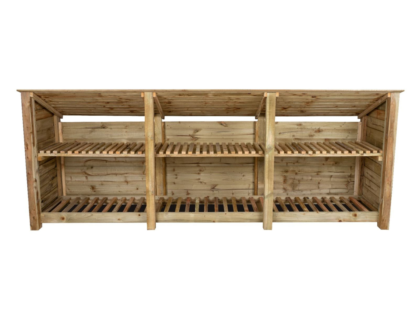 Wooden Log Store (Roof Sloping Back) with Shelf W-335cm, H-126cm or 180cm, D-88cm