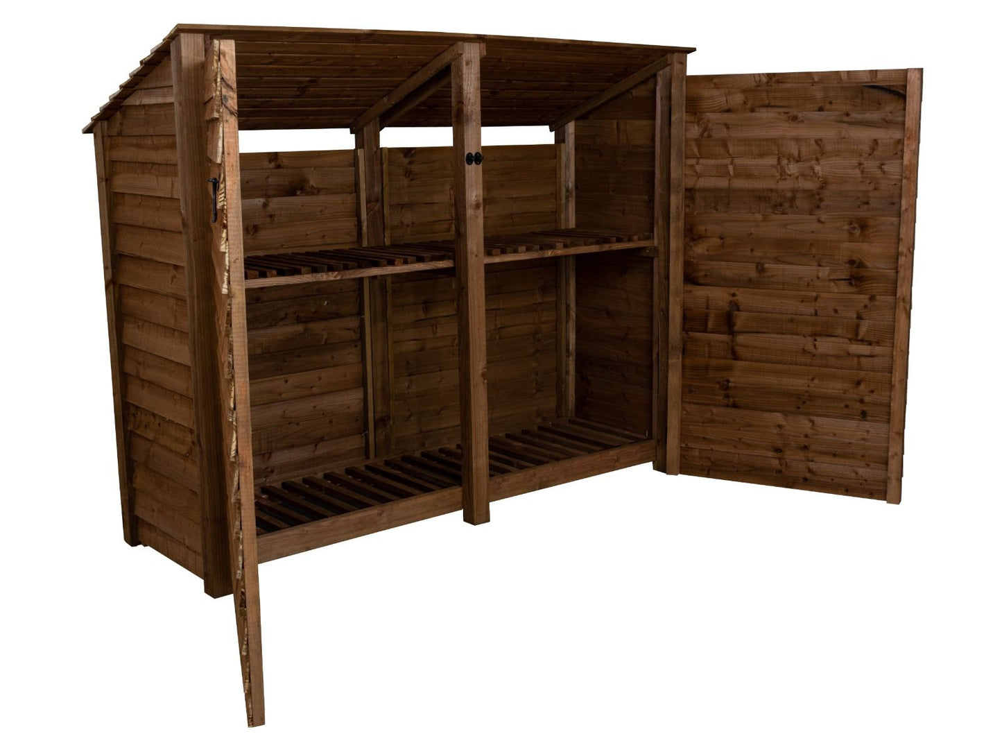 Wooden Log Store (Roof Sloping Back) with Doors and Shelf W-227cm, H-126cm or 180cm, D-88cm - Brown Finish
