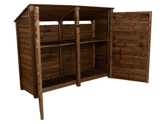 Wooden Log Store (Roof Sloping Back) with Doors and Shelf W-227cm, H-126cm or 180cm, D-88cm - Brown Finish
