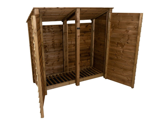 Wooden Log Store (Roof Sloping Back) with Doors W-187cm, H-126cm or 180cm, D-88cm - Brown Finish