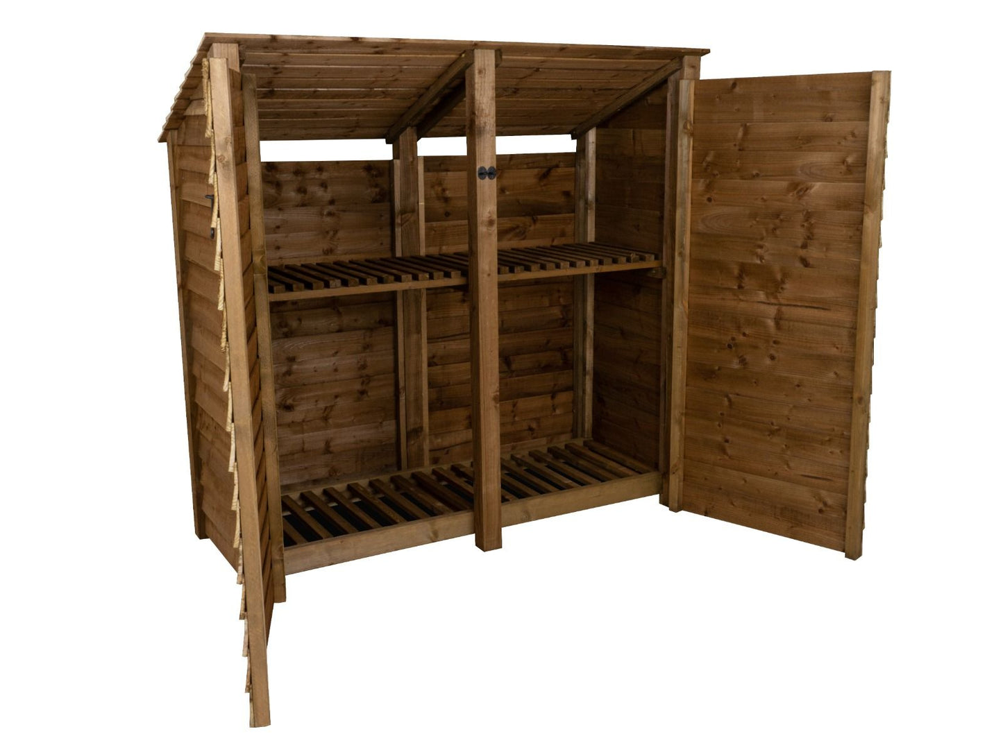 Wooden Log Store (Roof Sloping Back) with Doors and Shelf W-187cm, H-126cm or 180cm, D-88cm - Brown Finish