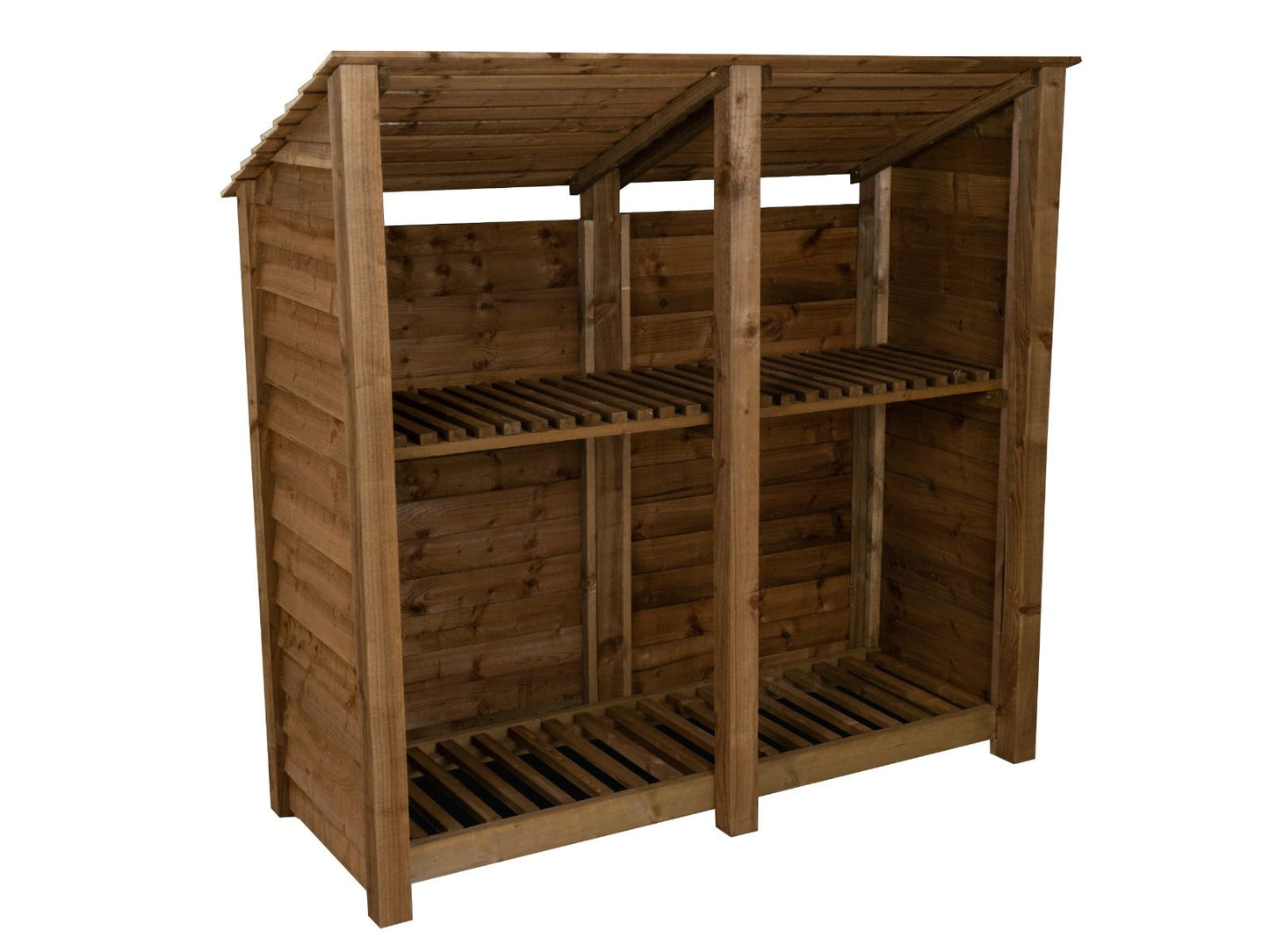 Wooden Log Store (Roof Sloping Back) with Shelf W-187cm, H-126cm or 180cm, D-88cm - Brown Finish