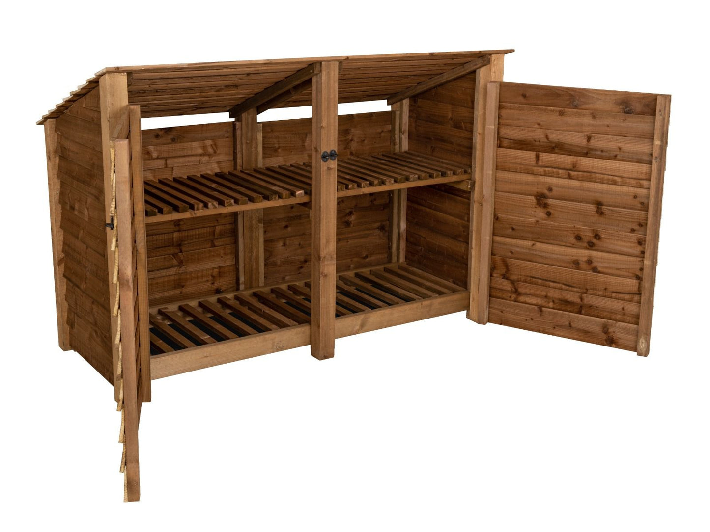 Wooden Log Store (Roof Sloping Back) with Doors and Shelf W-187cm, H-126cm or 180cm, D-88cm - Brown Finish