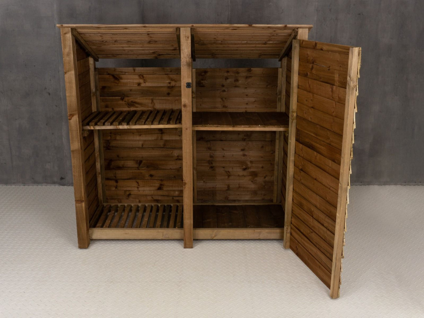 Wooden Garden Tool Storage (Roof Sloping Back) with Shelf W-187cm, H-126cm or 180cm, D-88cm - Brown Finish