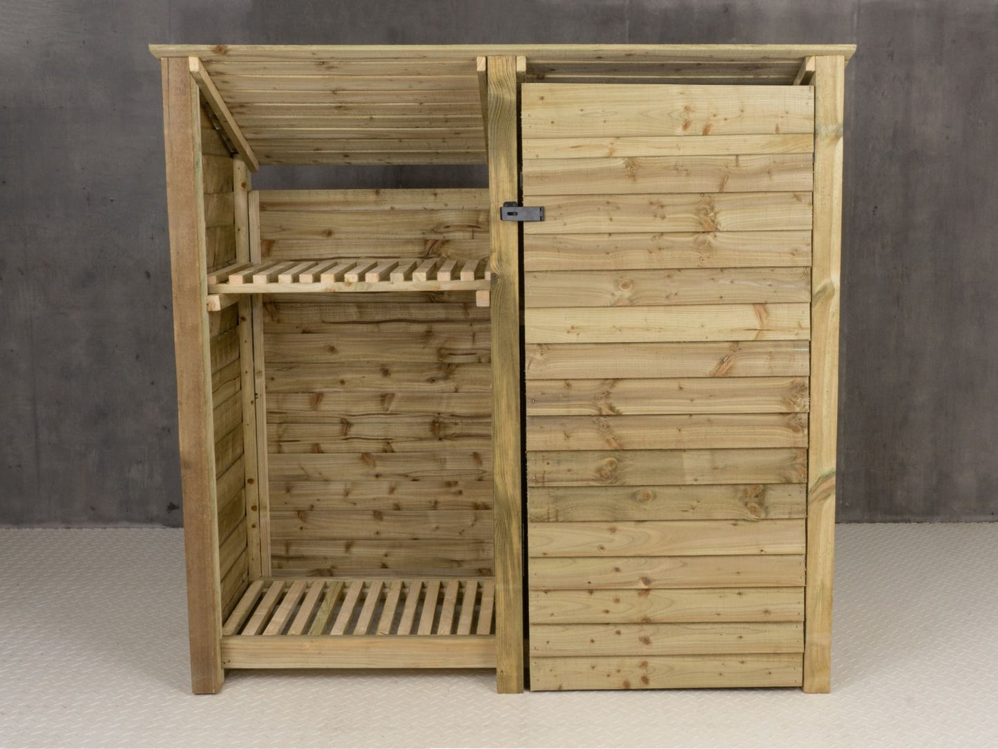 Wooden Garden Tool Storage (Roof Sloping Back) with Shelf W-187cm, H-126cm or 180cm, D-88cm