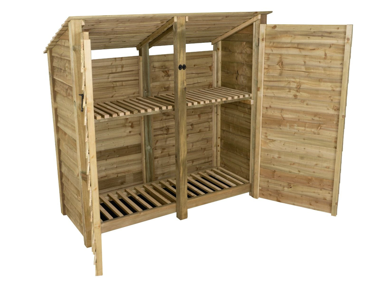 Wooden Log Store (Roof Sloping Back) with Doors and Shelf W-187cm, H-126cm or 180cm, D-88cm