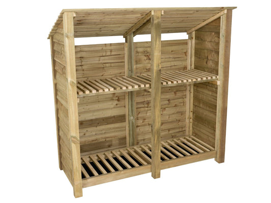 Wooden Log Store (Roof Sloping Back) with Shelf W-187cm, H-126cm or 180cm, D-88cm