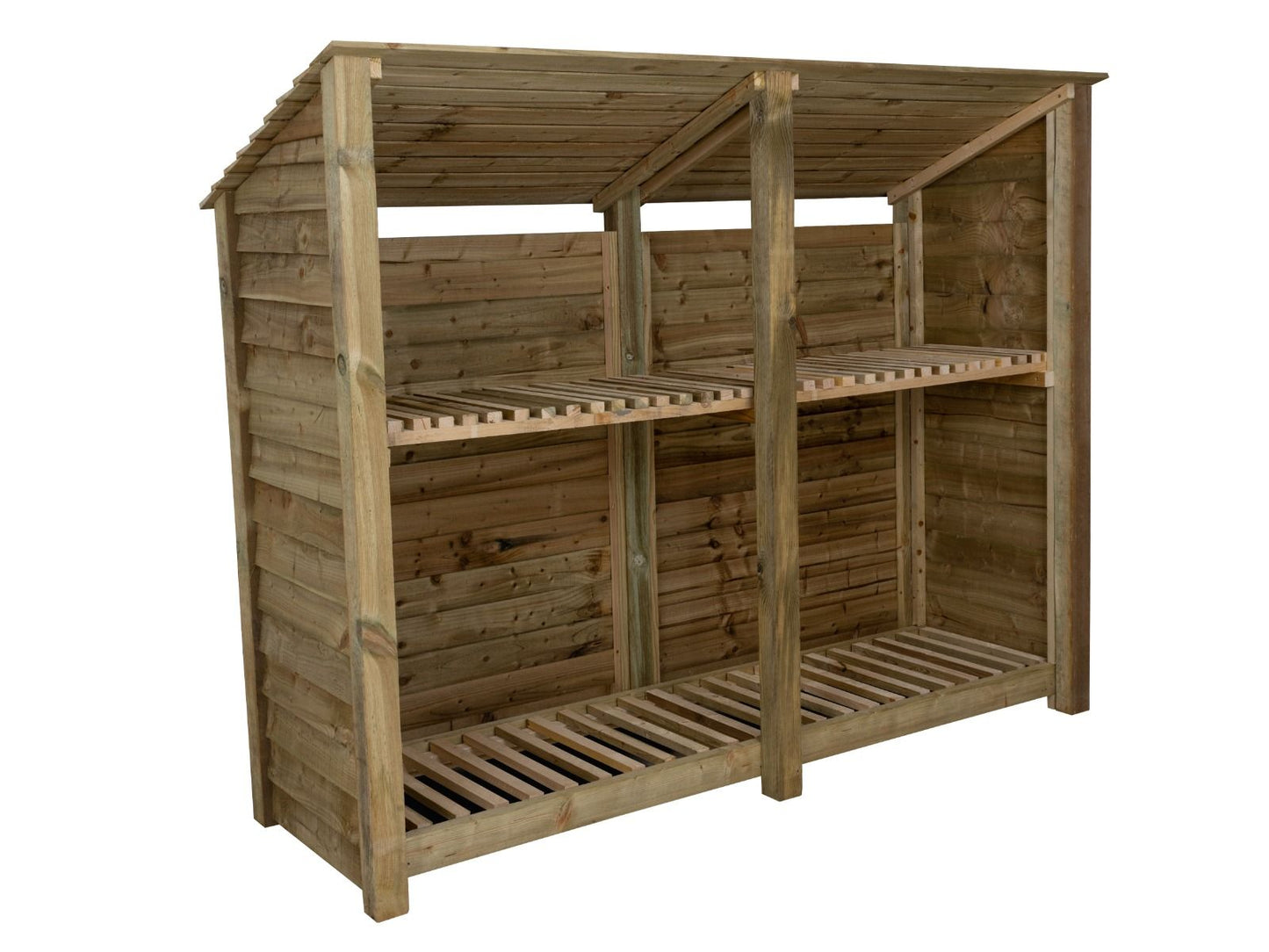 Wooden Log Store (Roof Sloping Back) with Shelf W-227cm, H-126cm or 180cm, D-88cm