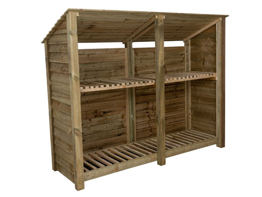 Wooden Log Store (Roof Sloping Back) with Shelf W-227cm, H-126cm or 180cm, D-88cm