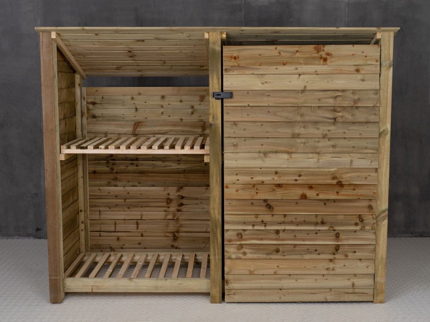 Wooden Garden Tool Storage (Roof Sloping Back) with Shelf W-227cm, H-126cm or 180cm, D-88cm