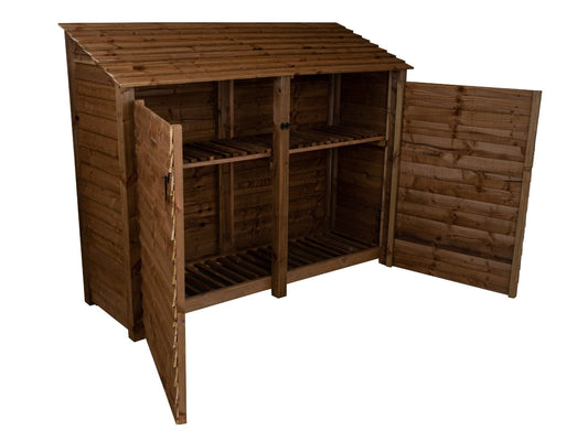 Wooden Log Store with Doors and Shelf W-227cm, H-126cm or 180cm, D-88cm - Brown Finish