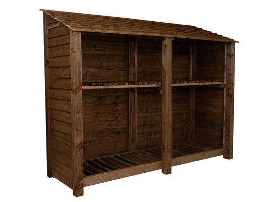 Wooden Log Store with Shelf W-227cm, H-126cm or 180cm, D-88cm - Brown Finish
