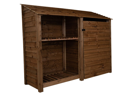 Wooden Garden Tool Storage with Shelf W-227cm, H-126cm or 180cm, D-88cm - Brown Finish