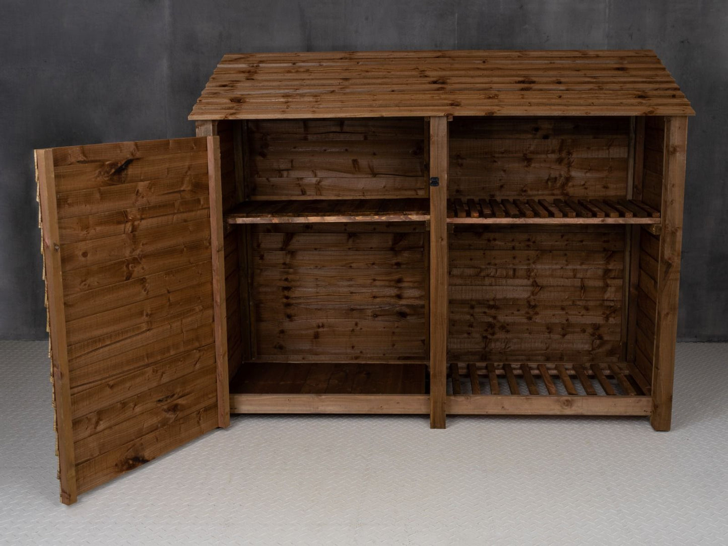 Wooden Garden Tool Storage with Shelf W-227cm, H-126cm or 180cm, D-88cm - Brown Finish