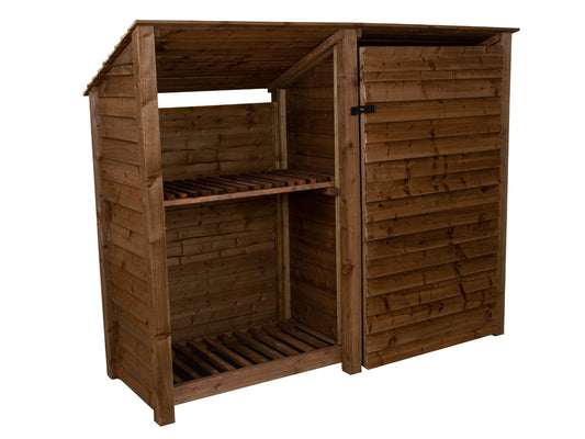 Wooden Garden Tool Storage (Roof Sloping Back) with Shelf W-227cm, H-126cm or 180cm, D-88cm - Brown Finish