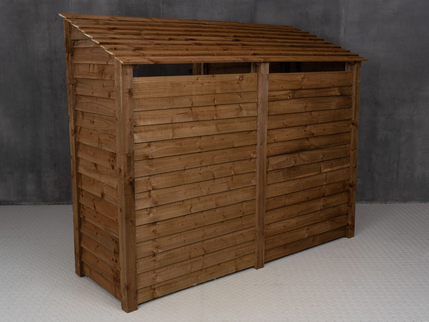 Wooden Garden Tool Storage (Roof Sloping Back) with Shelf W-227cm, H-126cm or 180cm, D-88cm - Brown Finish