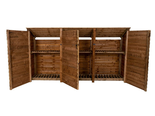 Wooden Log Store (Roof Sloping Back) with Doors and Shelf W-335cm, H-126cm or 180cm, D-88cm - Brown Finish