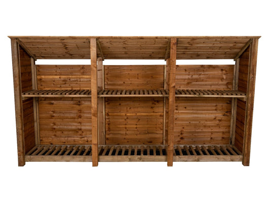 Wooden Log Store (Roof Sloping Back) with Shelf W-335cm, H-126cm or 180cm, D-88cm - Brown Finish