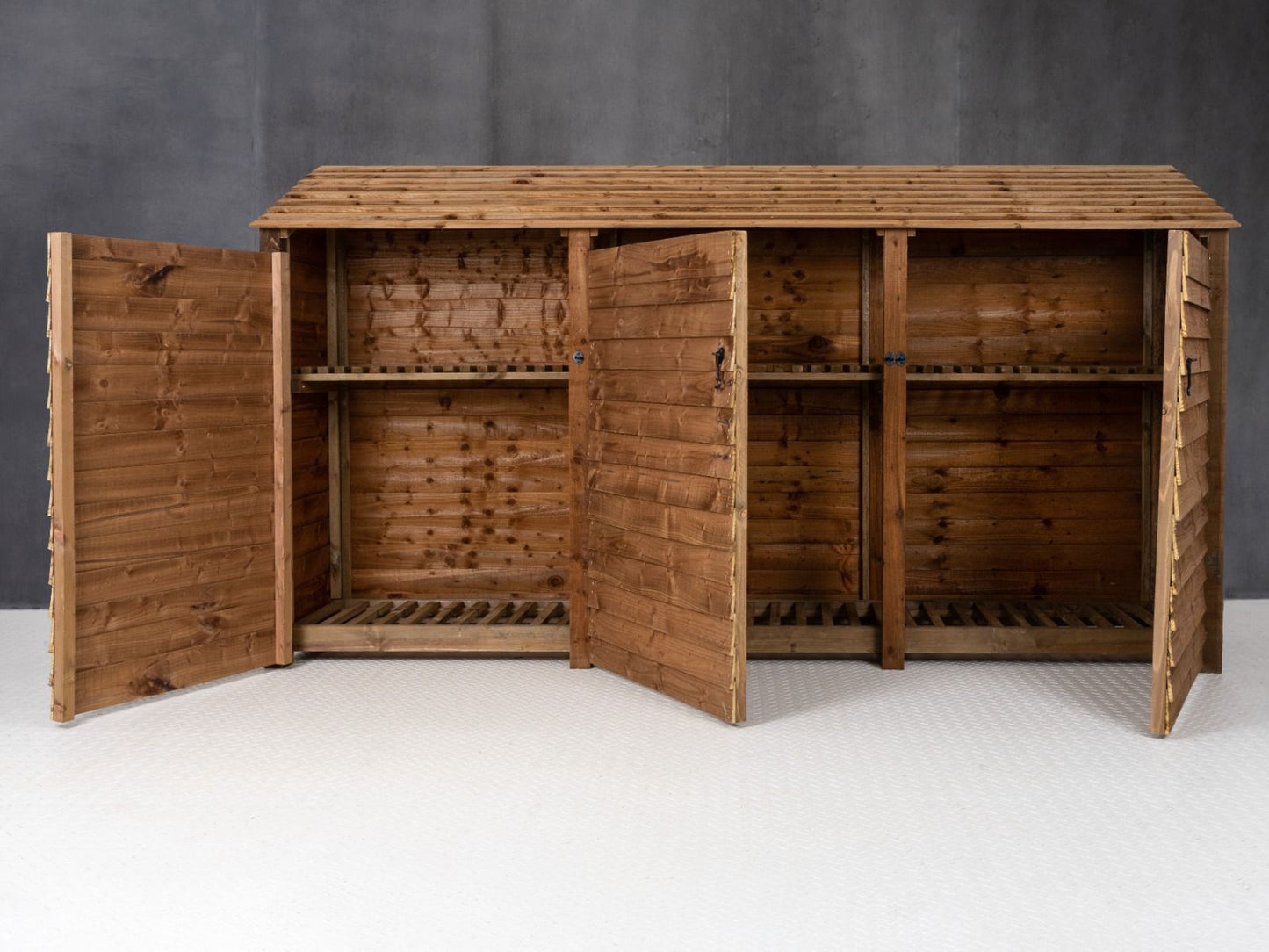 Wooden Log Store with Doors and Shelf W-335cm, H-126cm or 180cm, D-88cm - Brown Finish