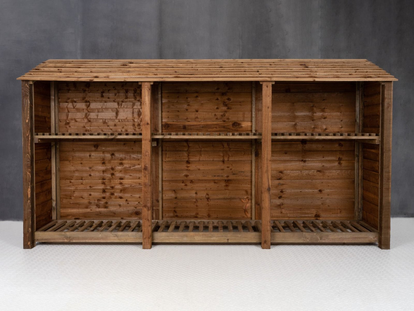 Wooden Log Store with Shelf W-335cm, H-126cm or 180cm, D-88cm - Brown Finish