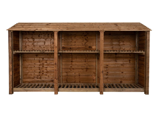 Wooden Log Store with Shelf W-335cm, H-126cm or 180cm, D-88cm - Brown Finish