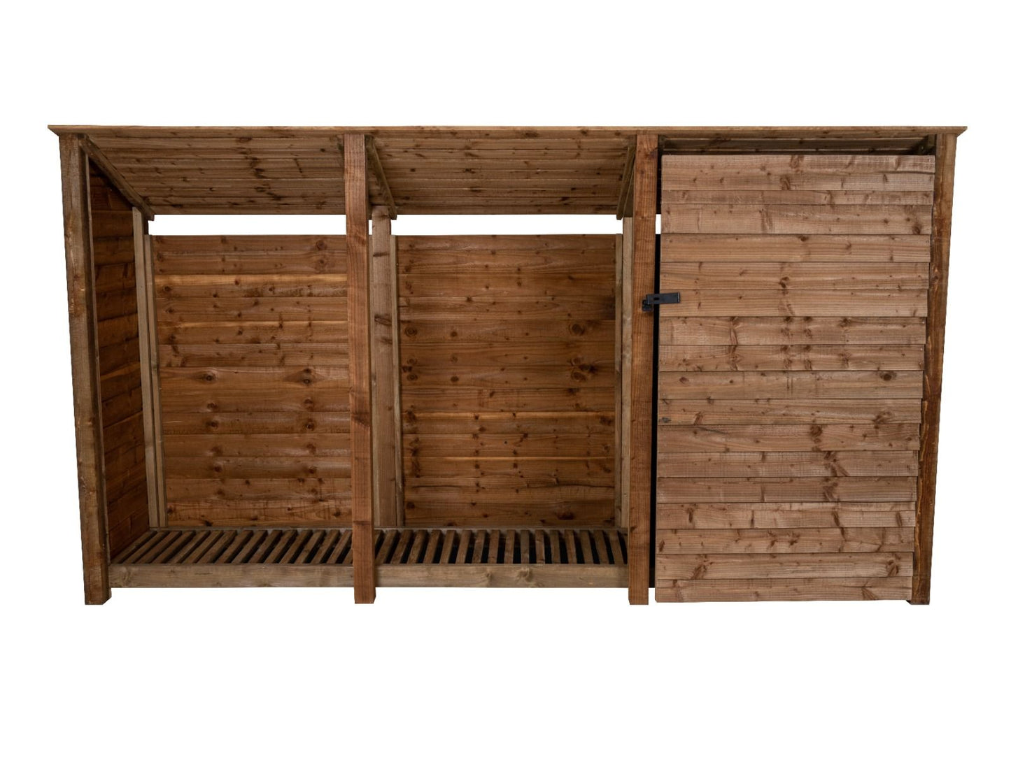 Wooden Garden Tool Storage (Roof Sloping Back) W-335cm, H-126cm or 180cm, D-88cm - Brown Finish