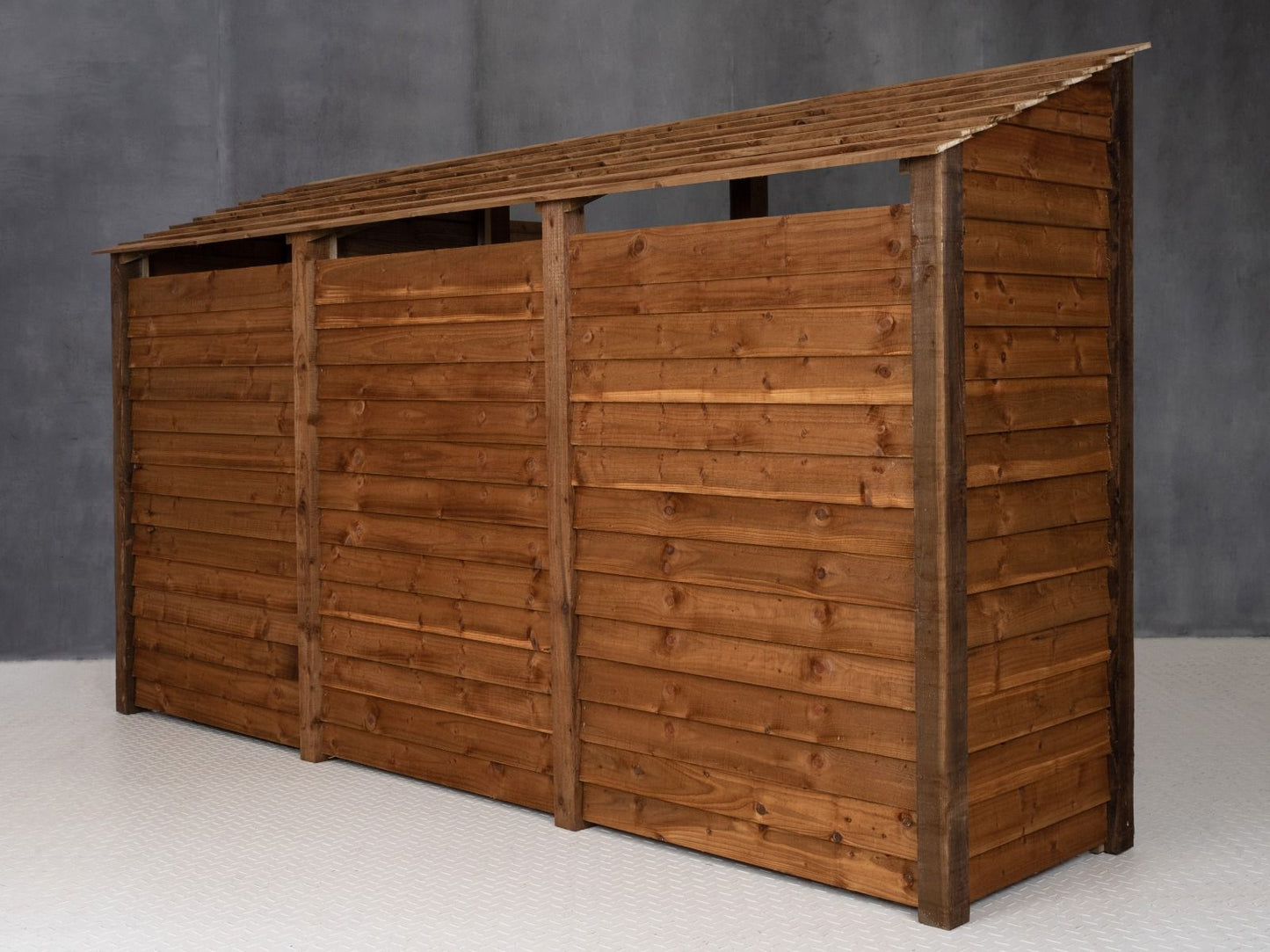 Wooden Log Store (Roof Sloping Back) W-335cm, H-126cm or 180cm, D-88cm - Brown Finish
