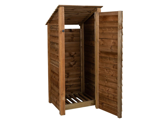 Wooden Log Store with Door (Roof Sloping Back) W-79cm, H-126cm or 180cm, D-88cm - Brown Finish