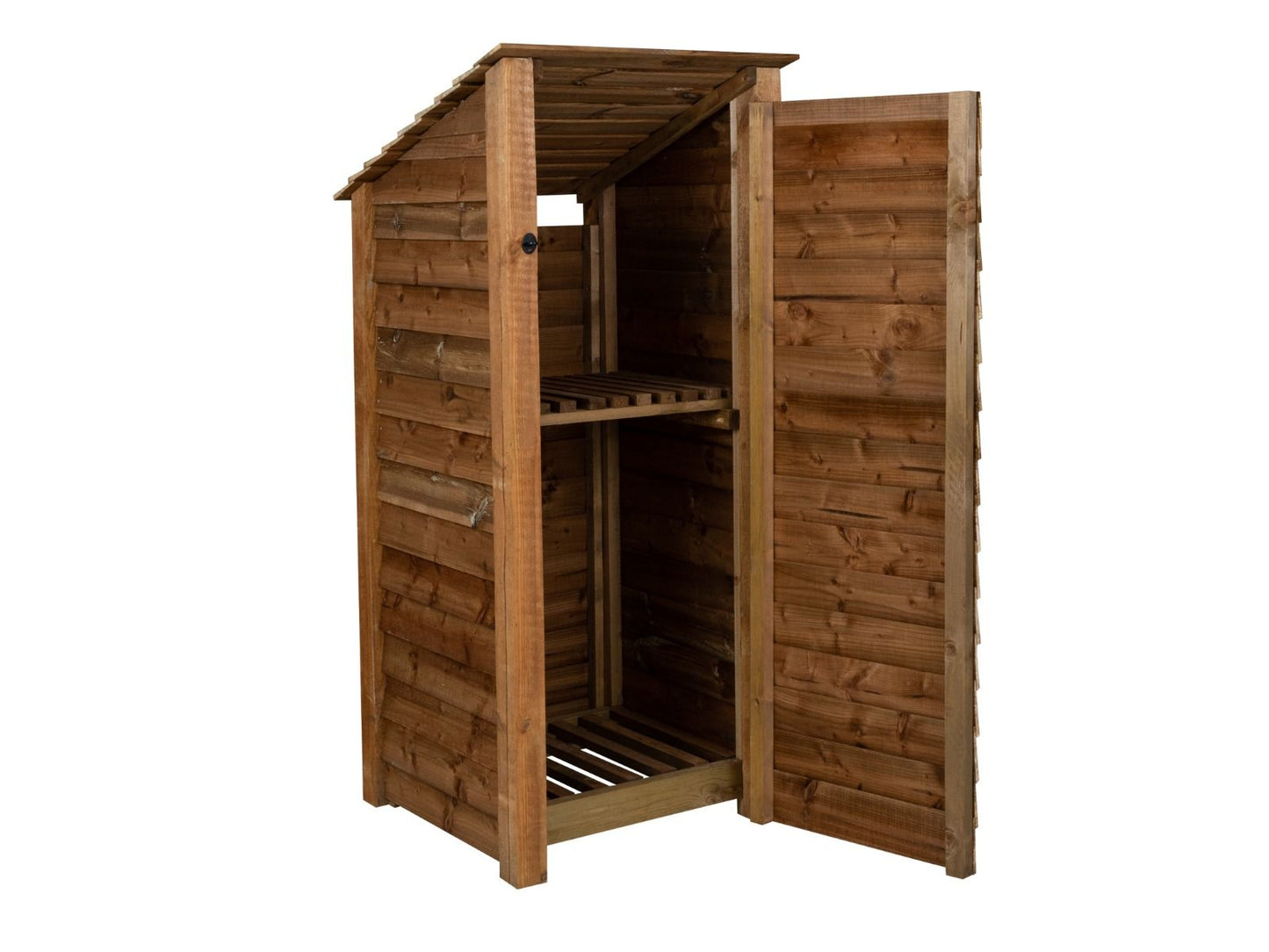 Wooden Log Store with Door and Shelf (Roof Sloping Back) W-79cm, H-126cm or 180cm, D-88cm - Brown Finish