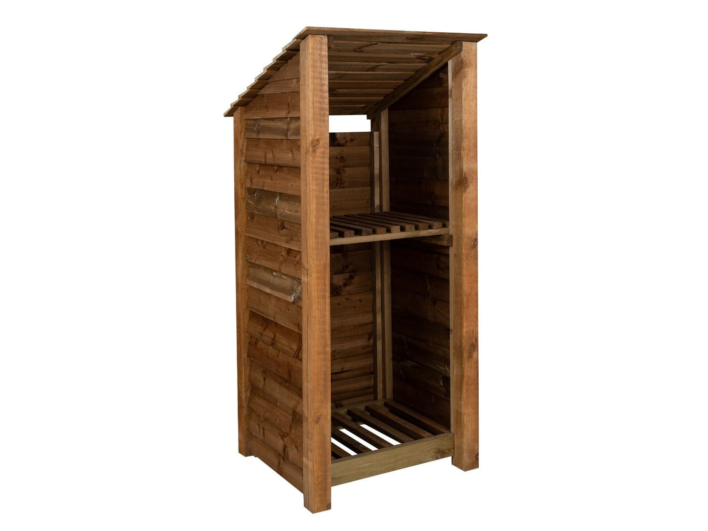 Wooden Log Store with Shelf (Roof Sloping Back) W-79cm, H-126cm or 180cm, D-88cm - Brown Finish