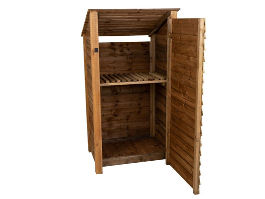Wooden Garden Tool Storage with Shelf (Roof Sloping Back) W-99cm, H-126cm or 180cm, D-88cm - Brown Finish