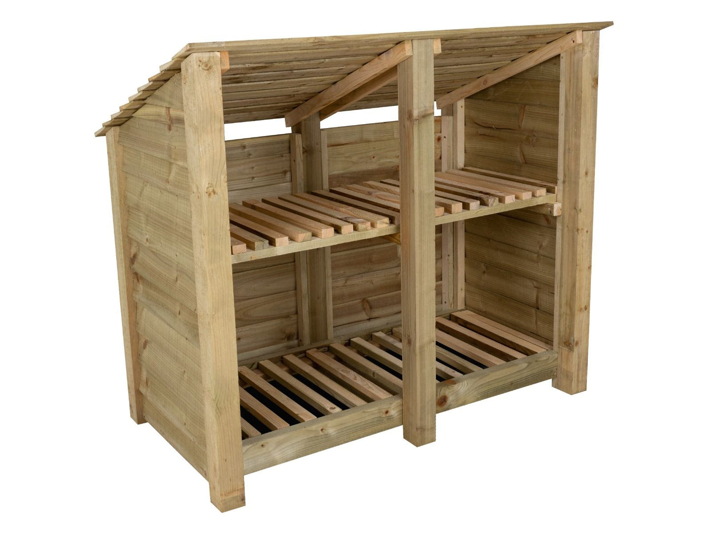 Wooden Log Store (Roof Sloping Back) with Shelf W-146cm, H-126cm or 180cm, D-88cm