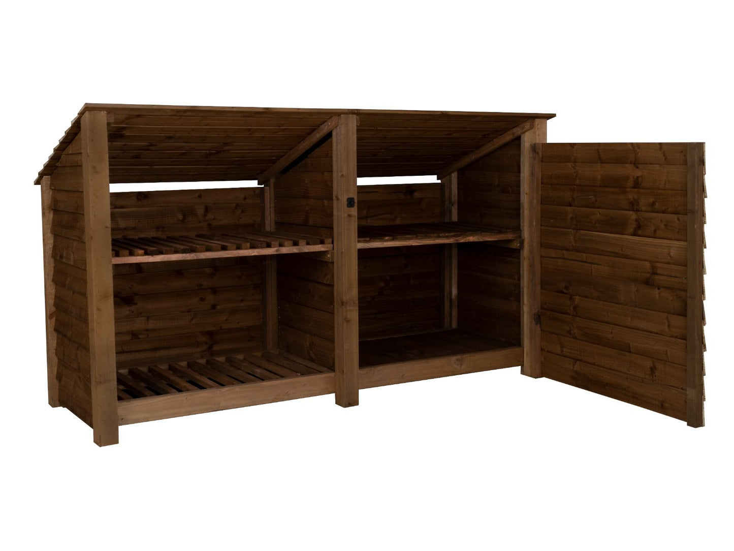 Wooden Garden Tool Storage (Roof Sloping Back) with Shelf W-227cm, H-126cm or 180cm, D-88cm - Brown Finish