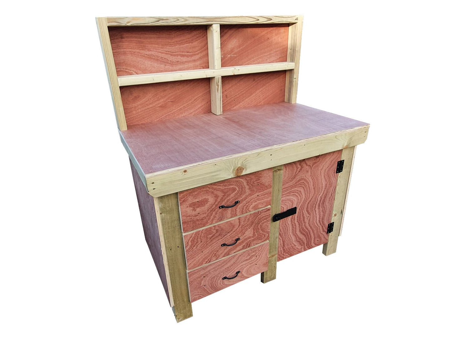 Wooden Eucalyptus hardwood top workbench, cabinet with lockable cupboard (V.3) with back and double shelf