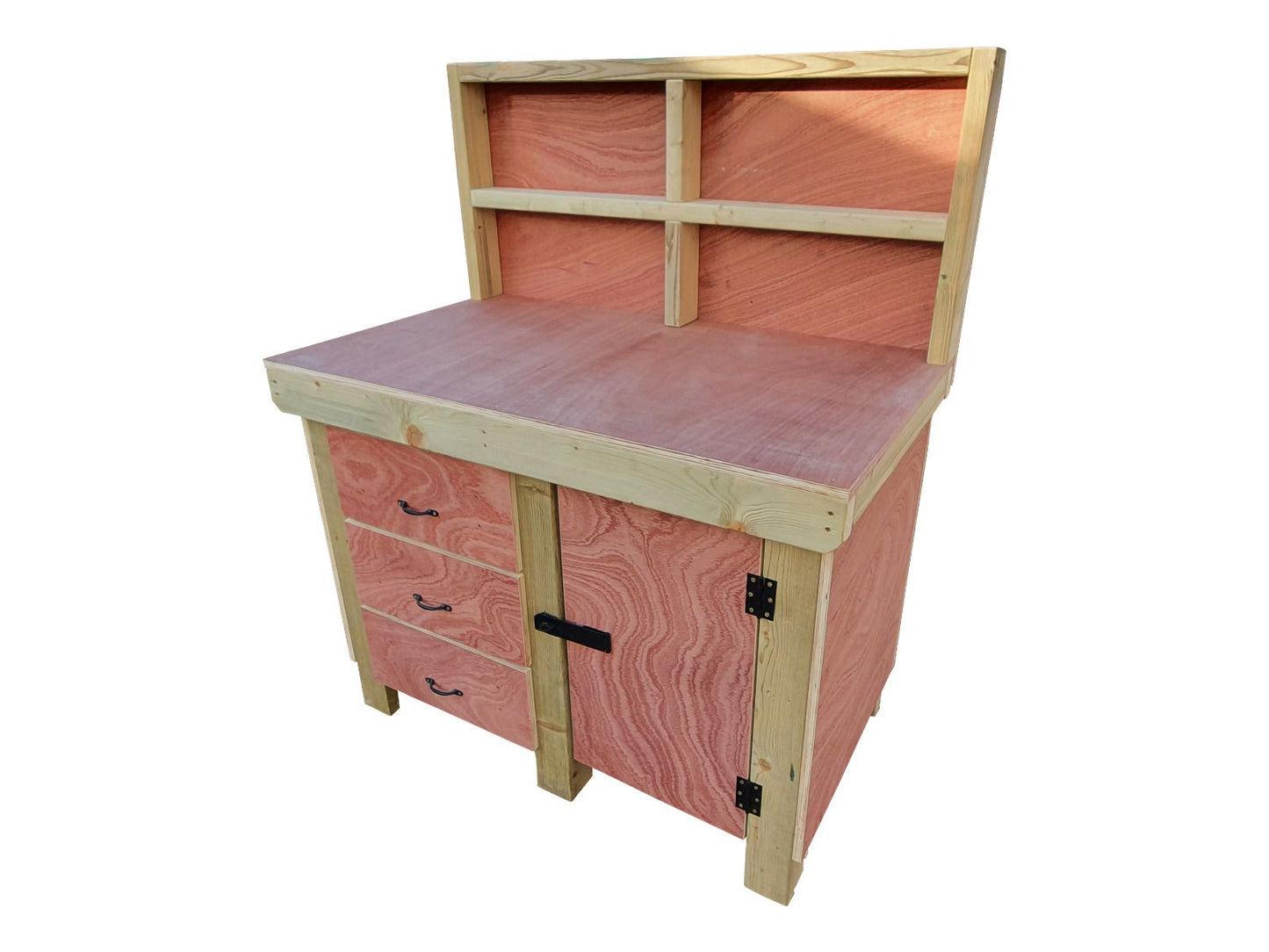Wooden Eucalyptus hardwood top workbench, cabinet with lockable cupboard (V.3) with back and double shelf