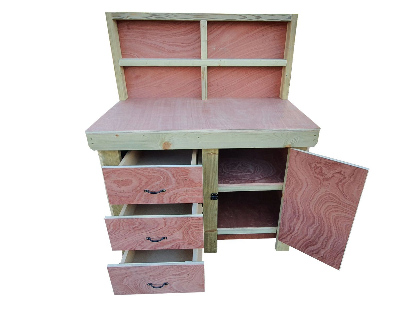 Wooden Eucalyptus hardwood top workbench, cabinet with lockable cupboard (V.3) with back and double shelf