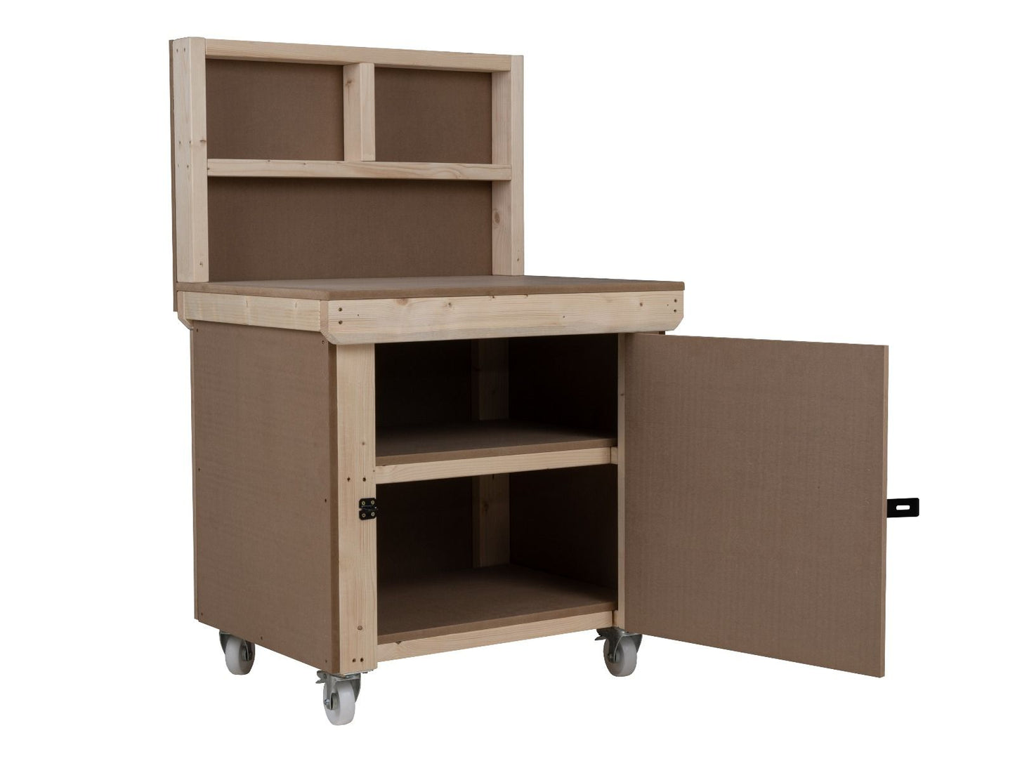 Wooden MDF Top Workbench With Lockable Cupboard (V.9) with back panel, double shelf and wheels