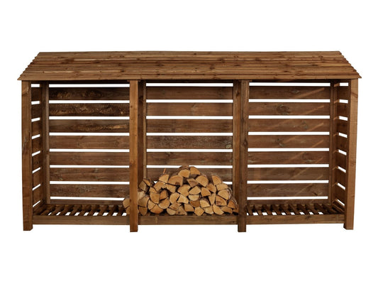 Slatted Wooden Log Store W-335cm, H-126cm or 180cm, D-88cm - Brown Finish