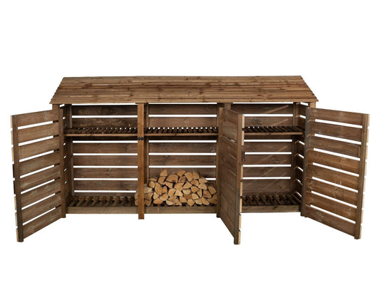 Slatted Wooden Log Store with Doors and Shelf W-335cm, H-126cm or 180cm, D-88cm - Brown Finish