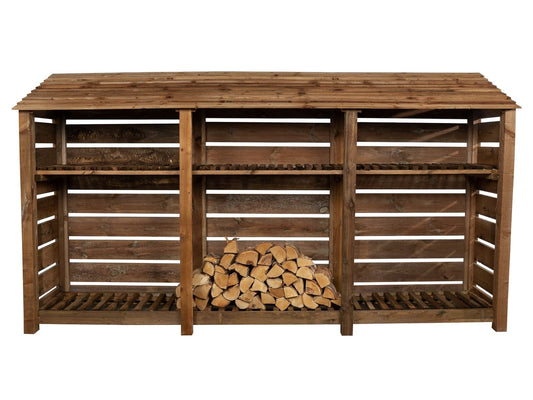 Slatted Wooden Log Store with Shelf W-335cm, H-126cm or 180cm, D-88cm - Brown Finish