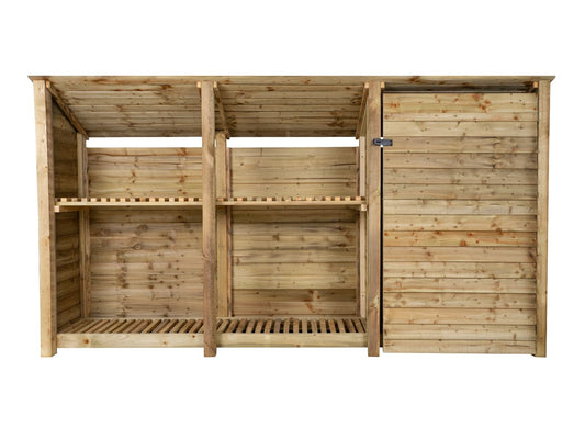 Wooden Garden Tool Storage (Roof Sloping Back) with Shelf W-335cm, H-126cm or 180cm, D-88cm