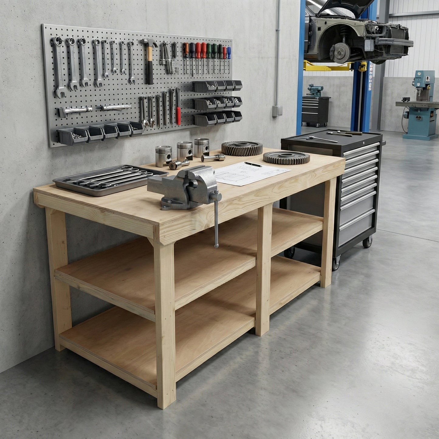Wooden Workbench Eucalyptus Hardwood Top Depth-3ft with Double Shelf