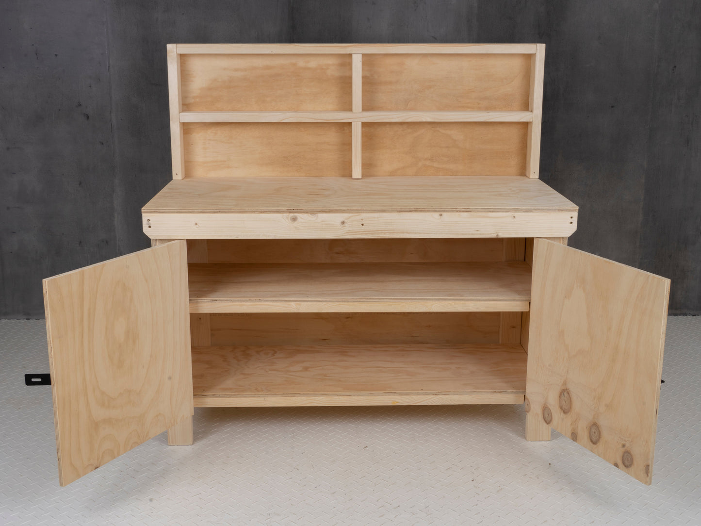 Wooden Plywood Top Workbench With Lockable Cupboard (V.9) With back panel, Double Shelf